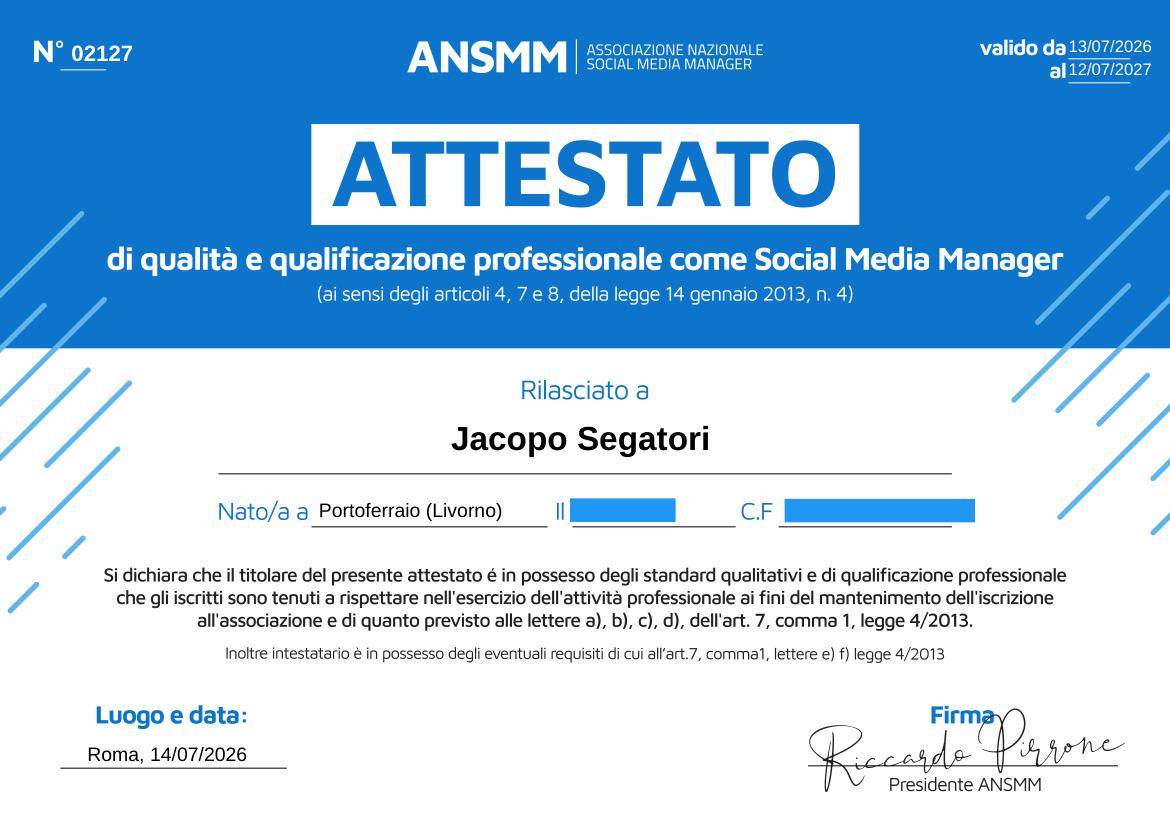 Certificazione Attestato di qualità - Social Media Manager