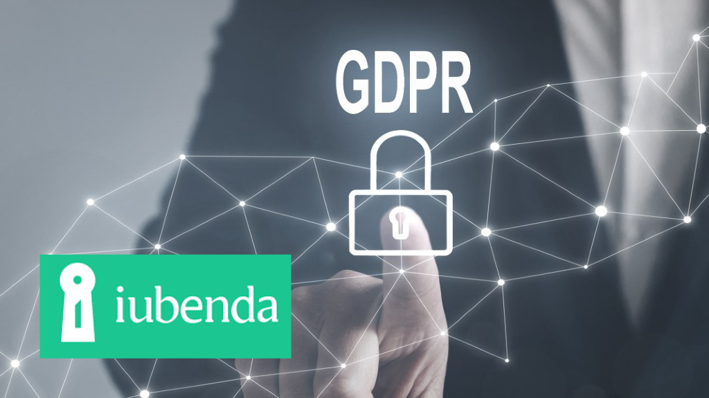 Logo iubenda su sfondo tecnologico con lucchetto e scritta GDPR